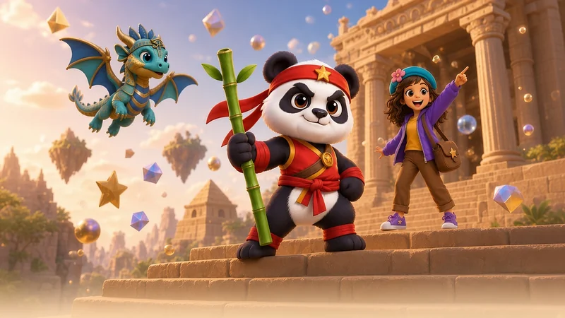 The Hero Panda on golden temple steps, with the Ahmes Dragon flying behind him and Lily pointing at the sky